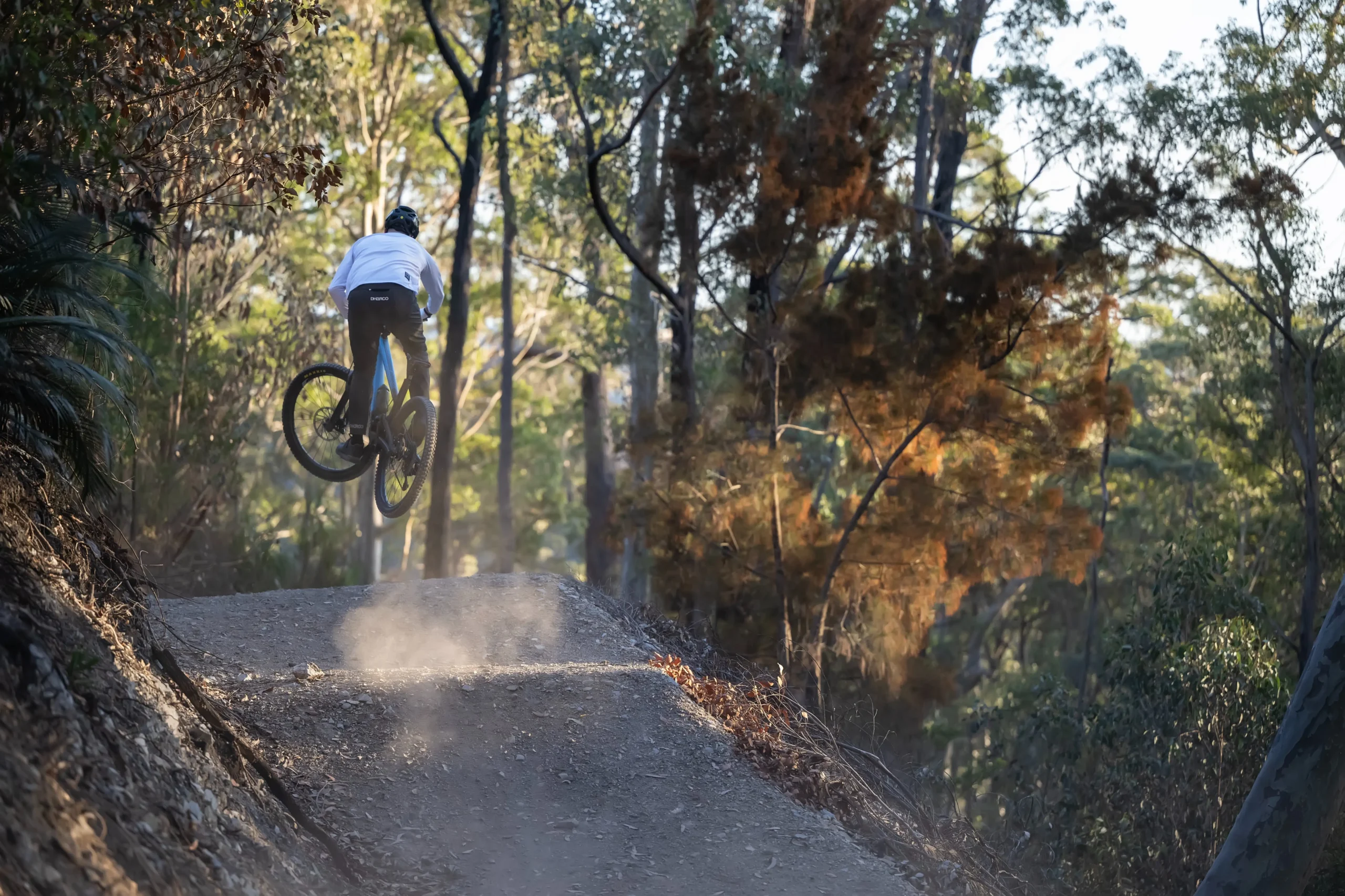 Hamish Armstrong performing a jump on a mountain bike trail in the forest, highlighting his adventurous and determined personality as the author of Success by 1000 Cuts.